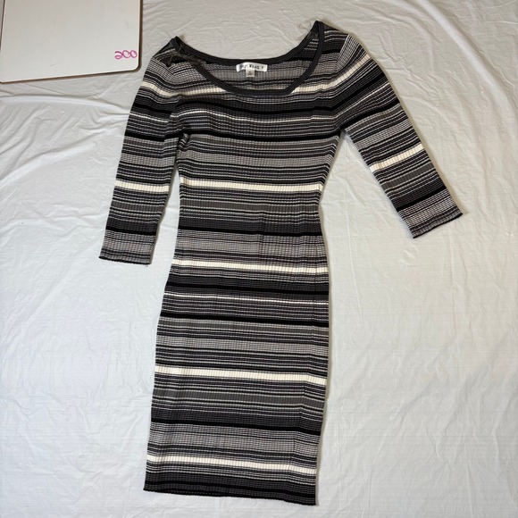Say What? Sweaters - Say What? Womens XL Striped Ribbed Knit Bodycon Sweater Dress 3/4 Sleeve Grey